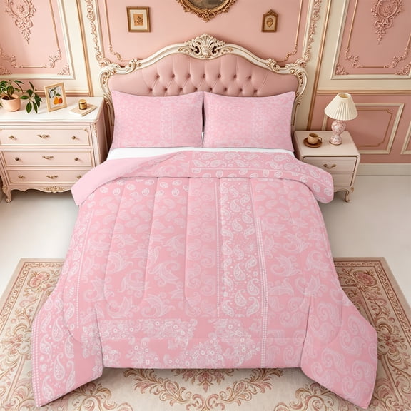 Erosebridal Lavender Paisley Patchwork Full Size Comforter Sets,Elegant Floral Motif Bedding Comforter Set,3pcs,1 Comforter and 2 Pillowcases,Pink Reversible