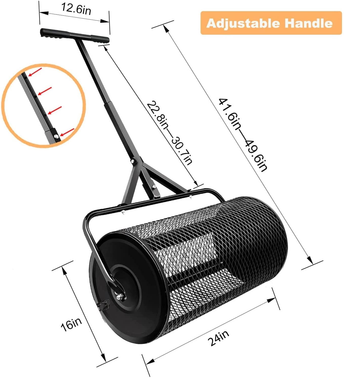 Compost Spreader for Lawn,24 Inch Compost Spreader for Lawn and Garden-Adjustable Handle,Durable Metal Mesh Basket - Perfect for Spreading Peat Moss,Fertilizer,and Seeds(Black)