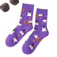 thumbnail image 2 of Halloween Crew Socks Cotton Blend Mid Calf Novelty Socks For Women And Men, Autumn Winter Printed Casual Daily Wear, Purple Ghost Cat Pattern, Funny Holiday Gift, Unisex Soft Breathable Stretchy Sock, 2 of 3