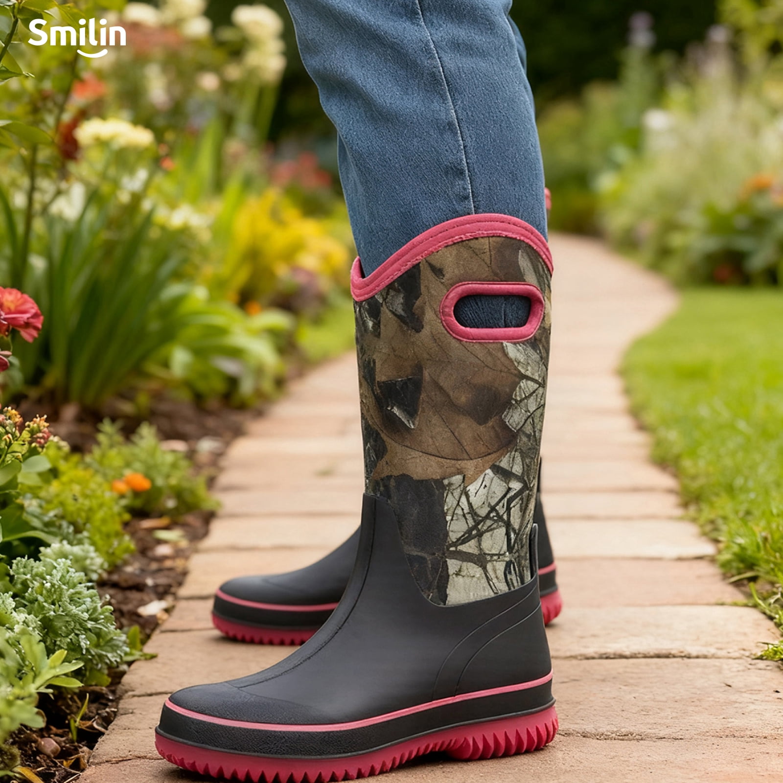 SMILIN Rain Boots for Women, Anti-slip Mid Calf Women Mud Boots, Camo, Size 6