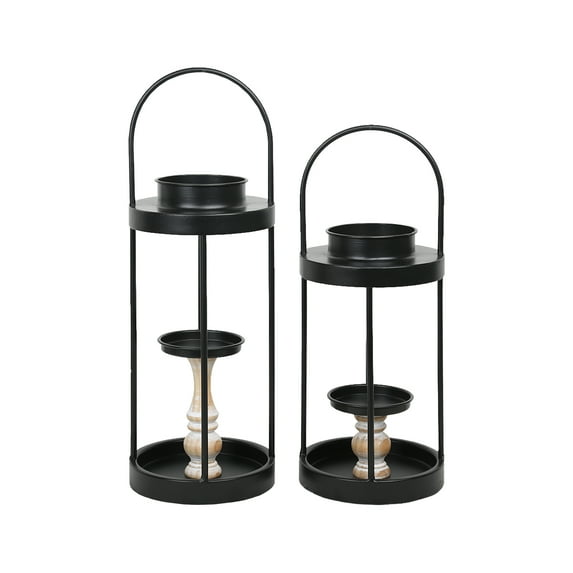 AMAZING WALL Home Decorative Round Lantern Wooden Iron Candlestick Holder Candle Pilar Holder 2PCS