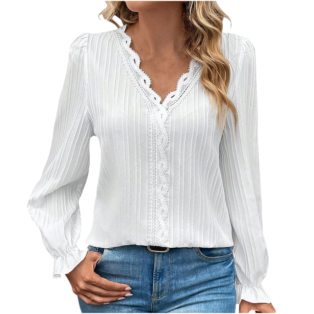 FAIWAD Women's Long Sleeve Tunic Tops V Neck Lace Patchwork Solid Color Lightweight Tops