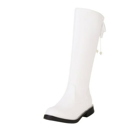 

Fashion Women s Shoes British Style Leather Solid Color Side Zipper Bow Pearl Pendant Knee High Boots
