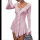 thumbnail image 1 of Vestido Mini Ajustado de Larga con Escote en V y Hombros Descubiertos con Volantes en para Mujer Rosa M, 1 of 10