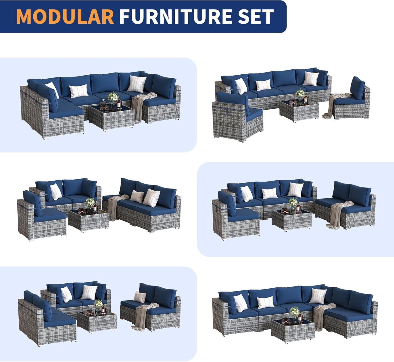 ELPOSUN Patio Furniture Set, 7-Piece Patio Furniture Set with Coffee Table & Waterproof Covers, All-Weather Wicker Outdoor Sectional for Backyard Balcony, Navy