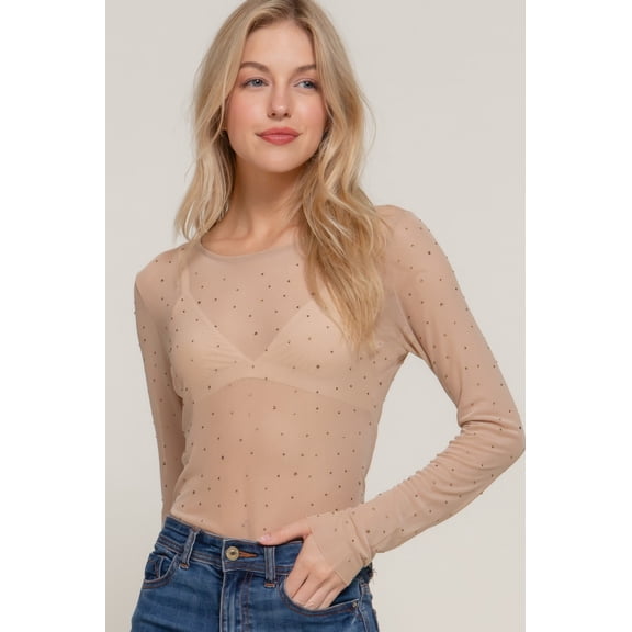 Long Slv Mesh W/rhinestone Top