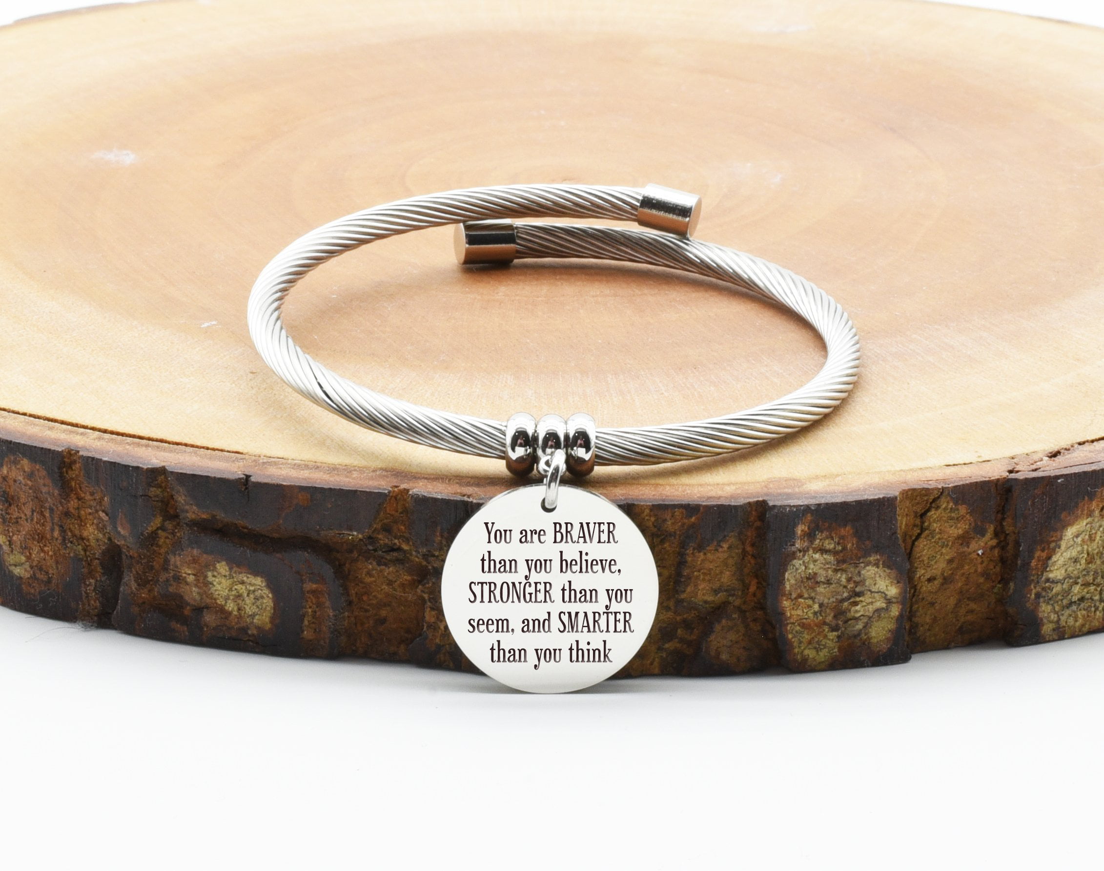 Pink Box Double Layer Inspirational Cable Bangle with Ball Tip FIND Your FIRE Silver 