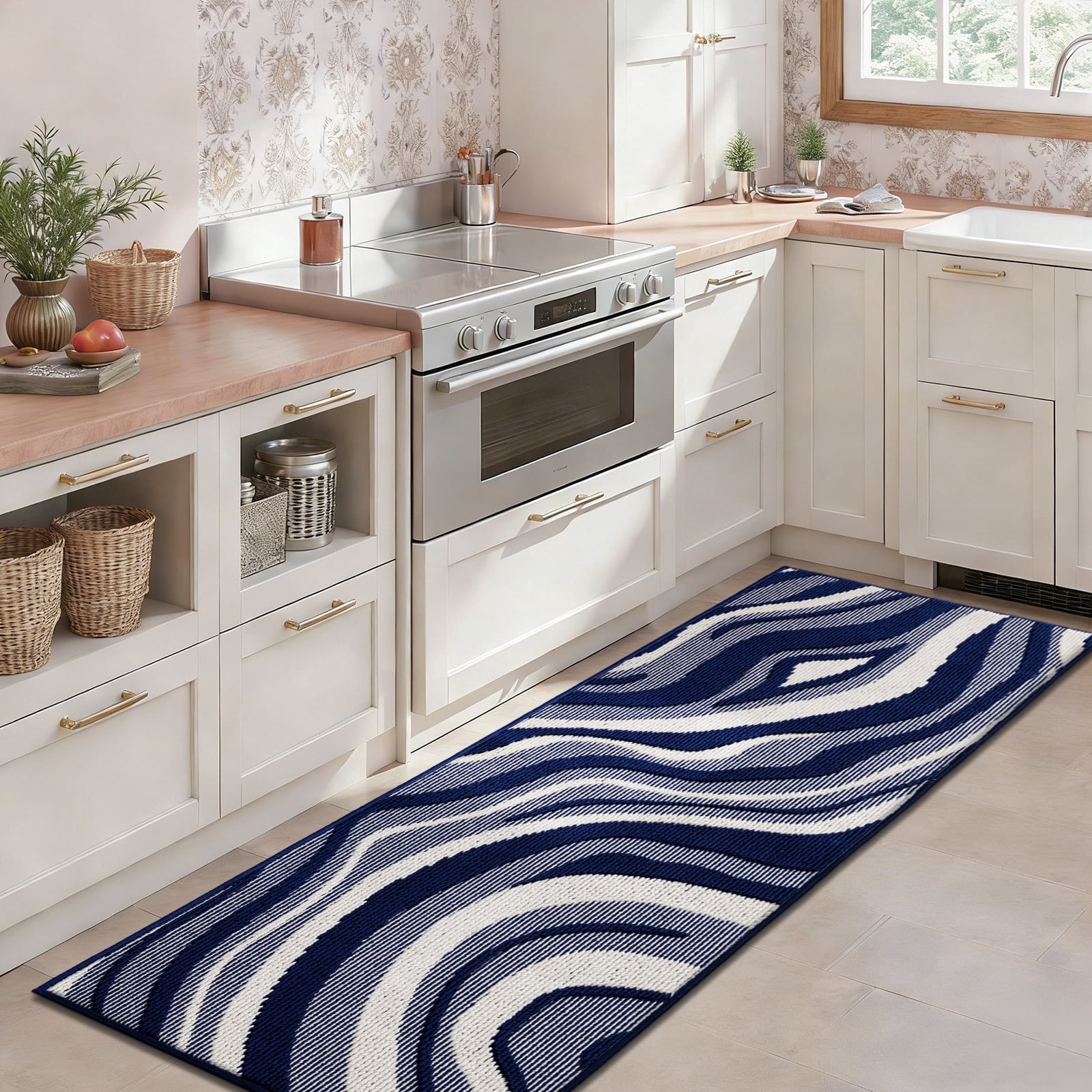 Runner Rugs for Hallway, Yamaziot 2'x8' Abstract Rug Carpet, Washable Non Slip Floor Mat for Kitchen Laundry Room Entryway, Modern Blue