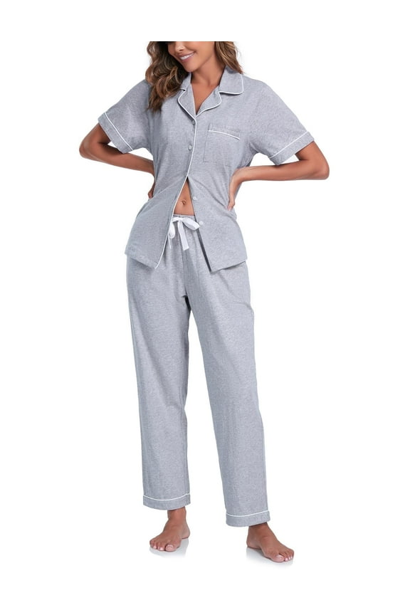 Women's 100% Cotton Pajama Set Button Down Short Sleeve Shirt and Long Pants Sleepwear Soft ladies Lounge Sets(Grey, L)