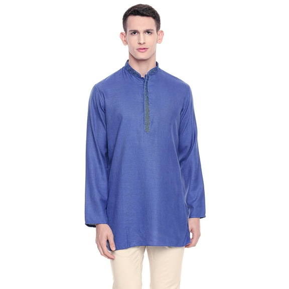 Shatranj Men's Indian Band Collar Classic Kurta Tunic With Embroidered Placket; Blue; LG