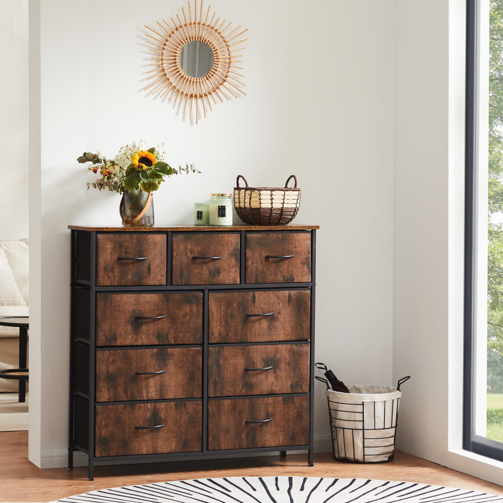 Aidoly 9-Drawer Dresser with Wooden Top, Adjustable Feet, Sturdy Metal Frame Dressers for Bedroom, Living Room, Rust