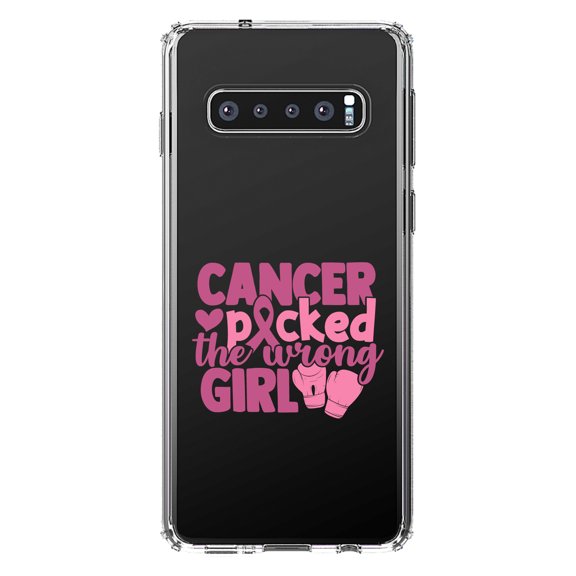 DistinctInk Clear Shockproof Hybrid Case for Samsung Galaxy S10 (6.1" Screen) - TPU Bumper Acrylic Back Tempered Glass Screen Protector - Pink Ribbon Cancer Picked the Wrong Girl
