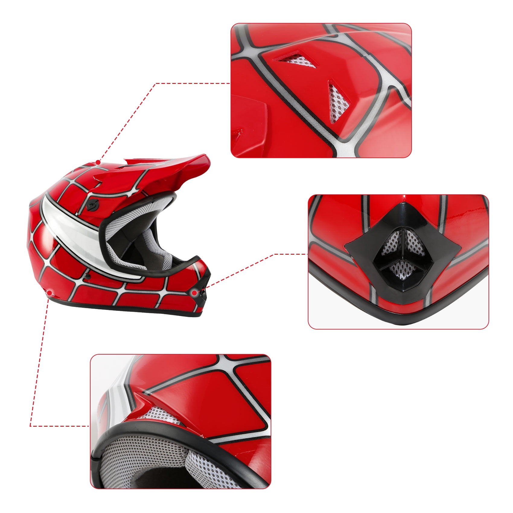 TCMT DOT Motorcycle Helmet for Kids Red Spider Net with Goggles & Gloves for Atv Mx Motocross Offroad Street Dirt Bike Youth L Size