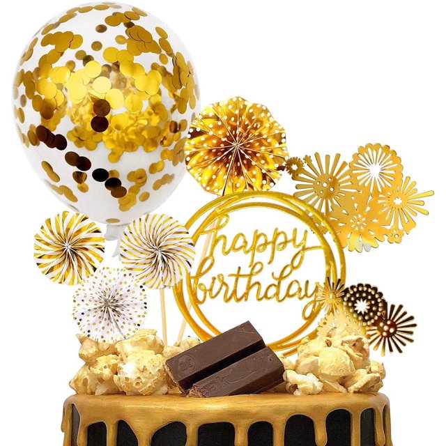 Decoración dorada para tarta de feliz cumpleaños, incluye globos de confeti, vasos de papel hechos de acrílico y papel, adorno para tarta con forma de abanico, decoración de fiesta temática dorada pa