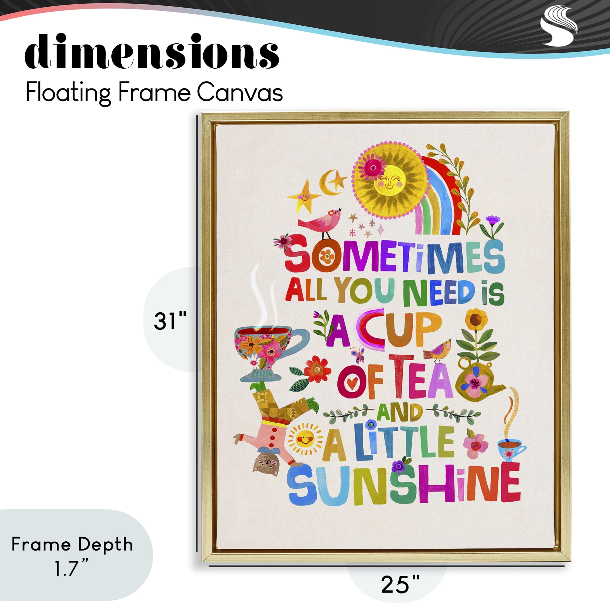 Stupell Industries Cup Of Tea & Sunshine Gold Framed Floater Canvas Wall Art, design by Katherine Herrell Studio