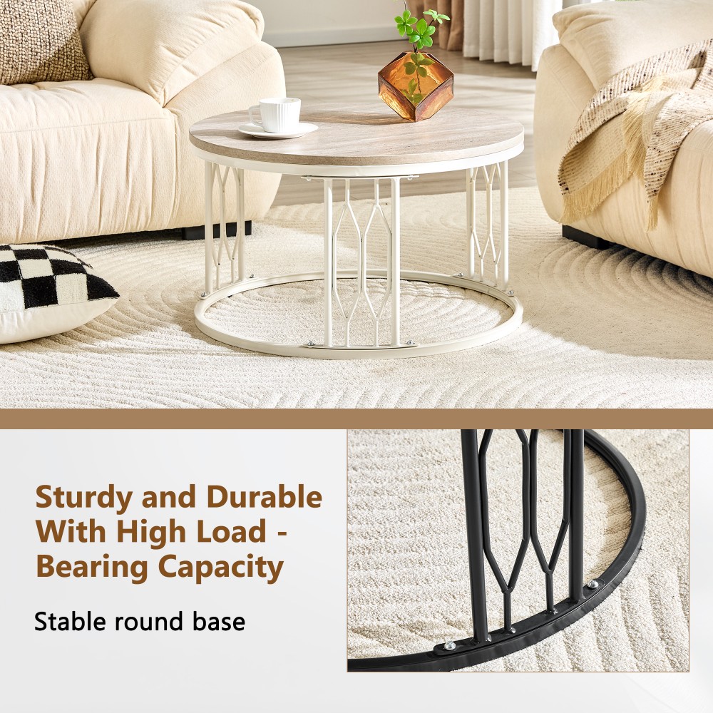 Round Coffee Table, 27.5" Coffee Table with Stone-Effect Travertine Top, Metal Frame, Modern Living Room Table, White