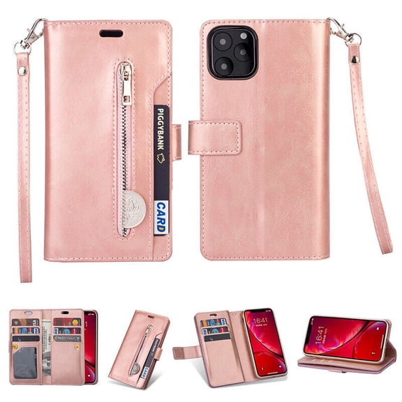 For iPhone 14 Pro Flip Zipper Leather Magnet Wallet Card Holder Case Strap Cover