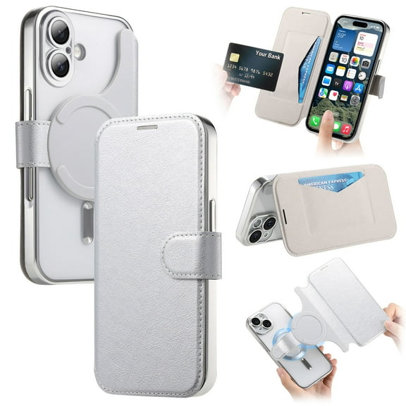 Cases for iPhone 16 Plus Case with Card Holder [Compatible with MagSafe] [Camera Lens Protector] [RFID Blocking]  Plating Clear Case 2 in 1 Detachable Flip Wallet for iPhone 16 Plus, Silver