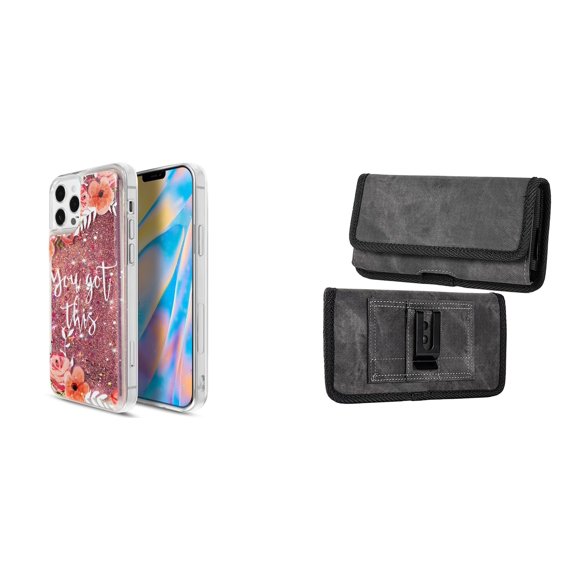Liquid Glitter Case for iPhone 14 Pro and Belt Holster Pouch (You Got This/Gray)