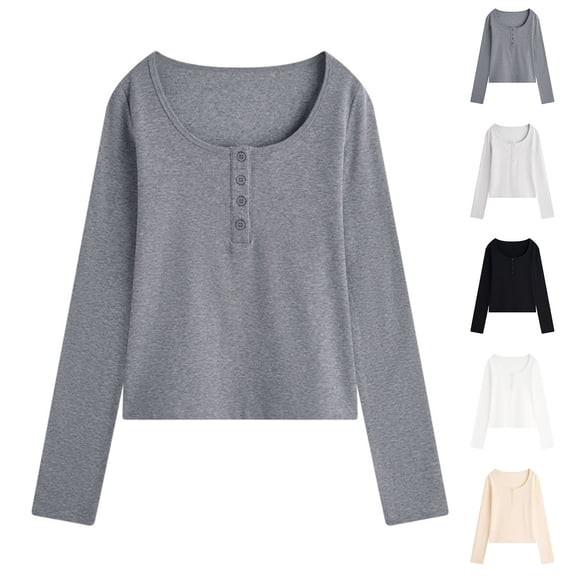 aidice Pajama Tops for Women Quarter Button Scoop Neck Long Sleeve Stretch Comfy Basic Layer Undershirt Blouse