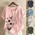 thumbnail image 3 of WREESH Womens Cotton Linen Shirts Summer Casual Short Sleeve Round Neck Print Loose Shirt Tops White, 3 of 4