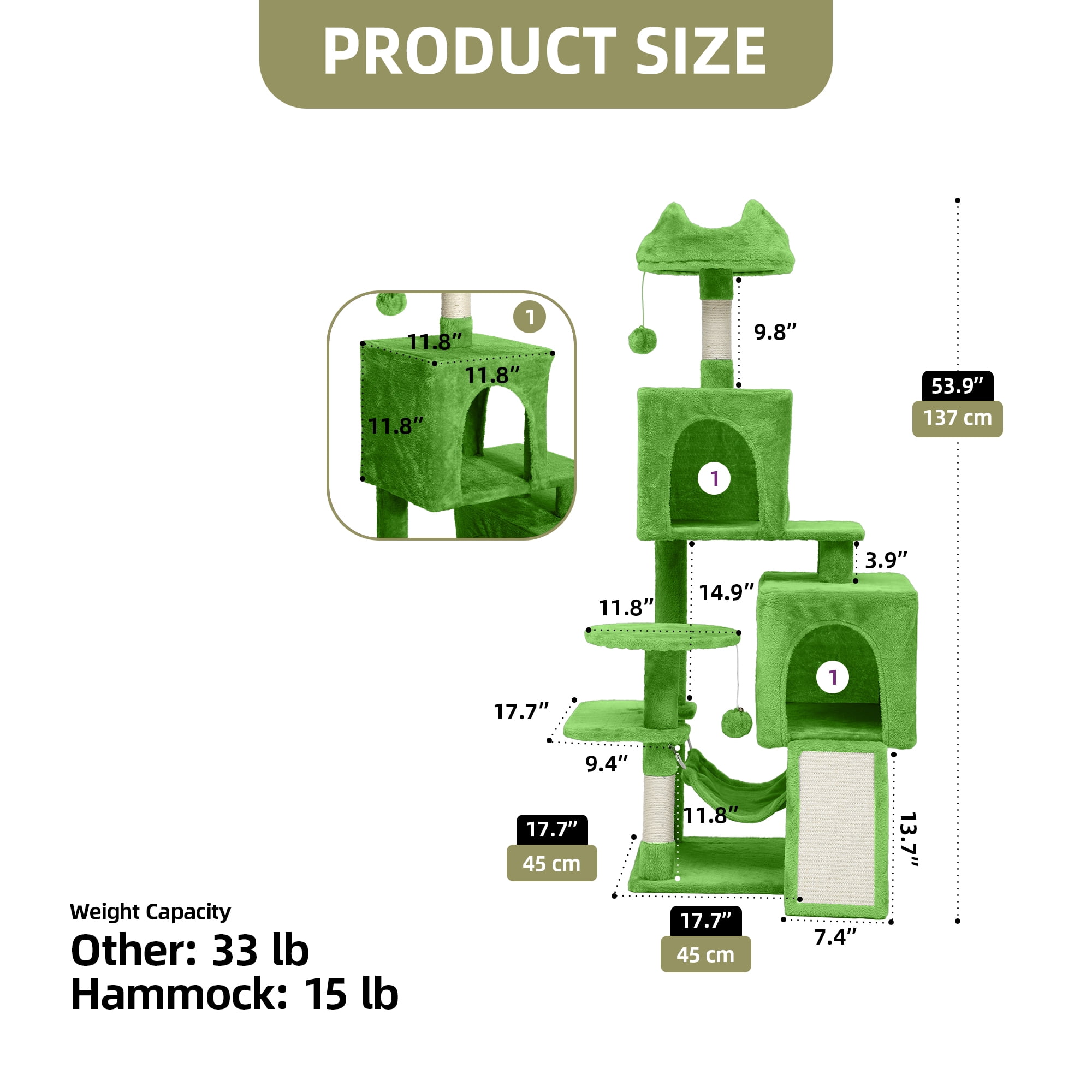 Uforic 54in Cat Tree Tower, Multi-Level Cat Condos, with Scratch Posts, Plush Top Perches, Hammock, Pet Play House, Green