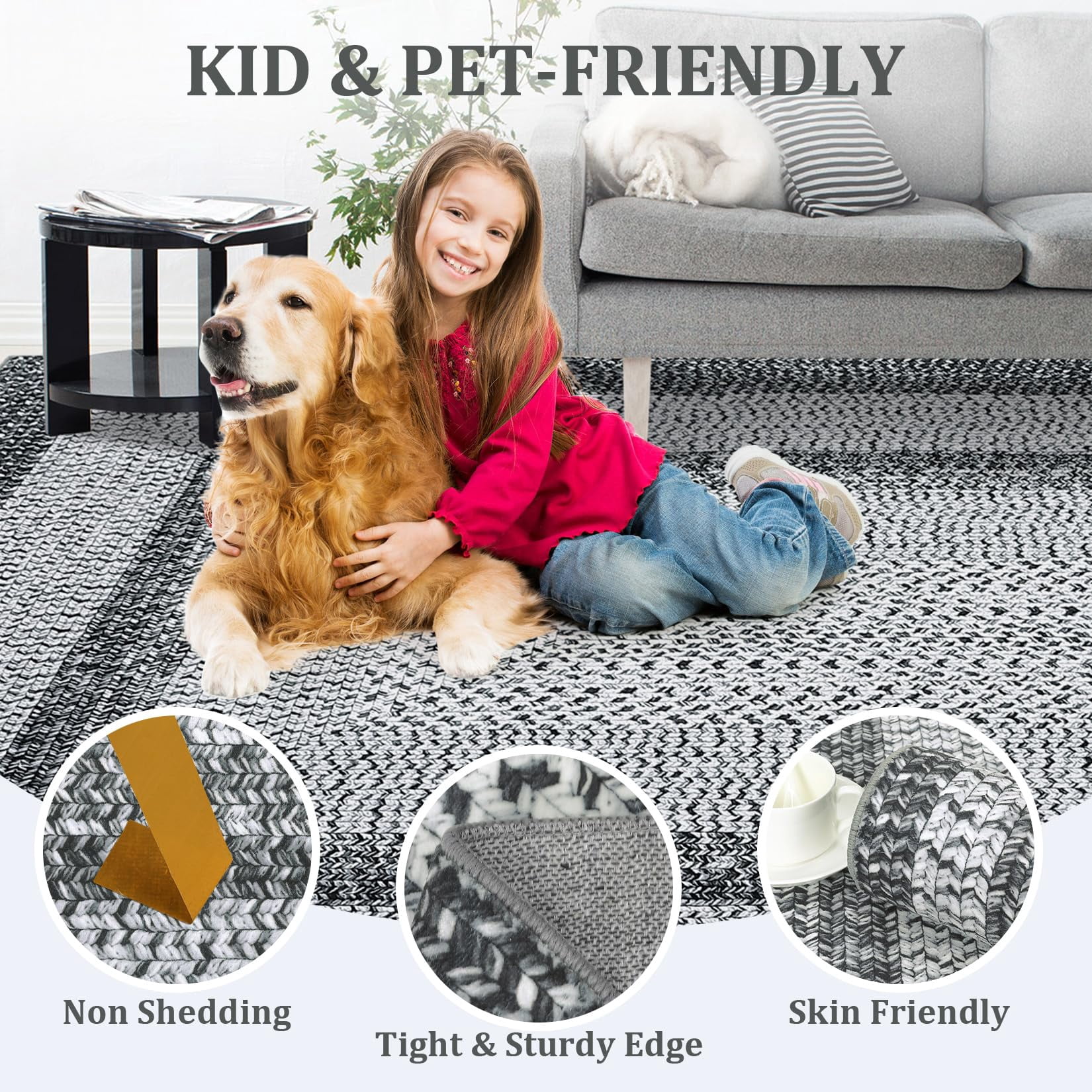 Modern Washable Area Rug 9'x12' Vintage Braided Print Non-Slip Low Pile Carpet for Living Room Bedroom Home Office, Gray