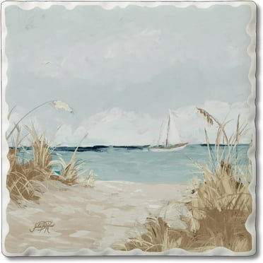 Absorbent Stone Tumbled Tile Coasters, Peek of Beach, Set of 4