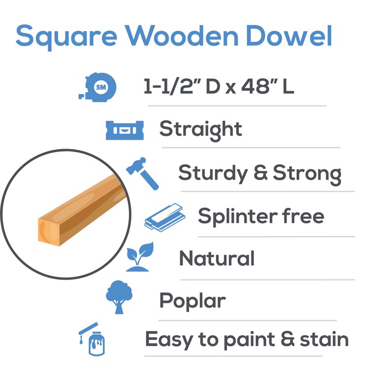 Wood Square Dowel Rods 1-1/2 inch x 48 Pack of 10 Wooden Craft Sticks for  Crafts and Woodworking by Woodpeckers 