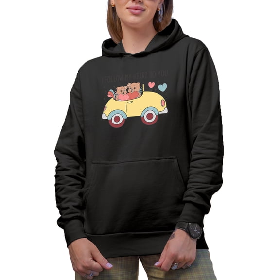 I Follow My Heart to You & Bear Lovers in a Car, Valentine's Day Gift, Black Hooded Sweatshirt or Hoodie, 3XL