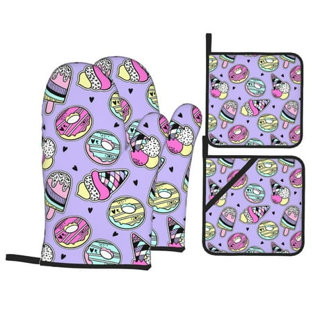 

Oven Mitts and Pot Holders 4 pcs Set Ice Cream Cartoon Print Heat Resistant Silicone Oven Mitts Pot Holders for Kitchen Baking Cooking Non-Slip Oven Gloves Hot Pads Potholders