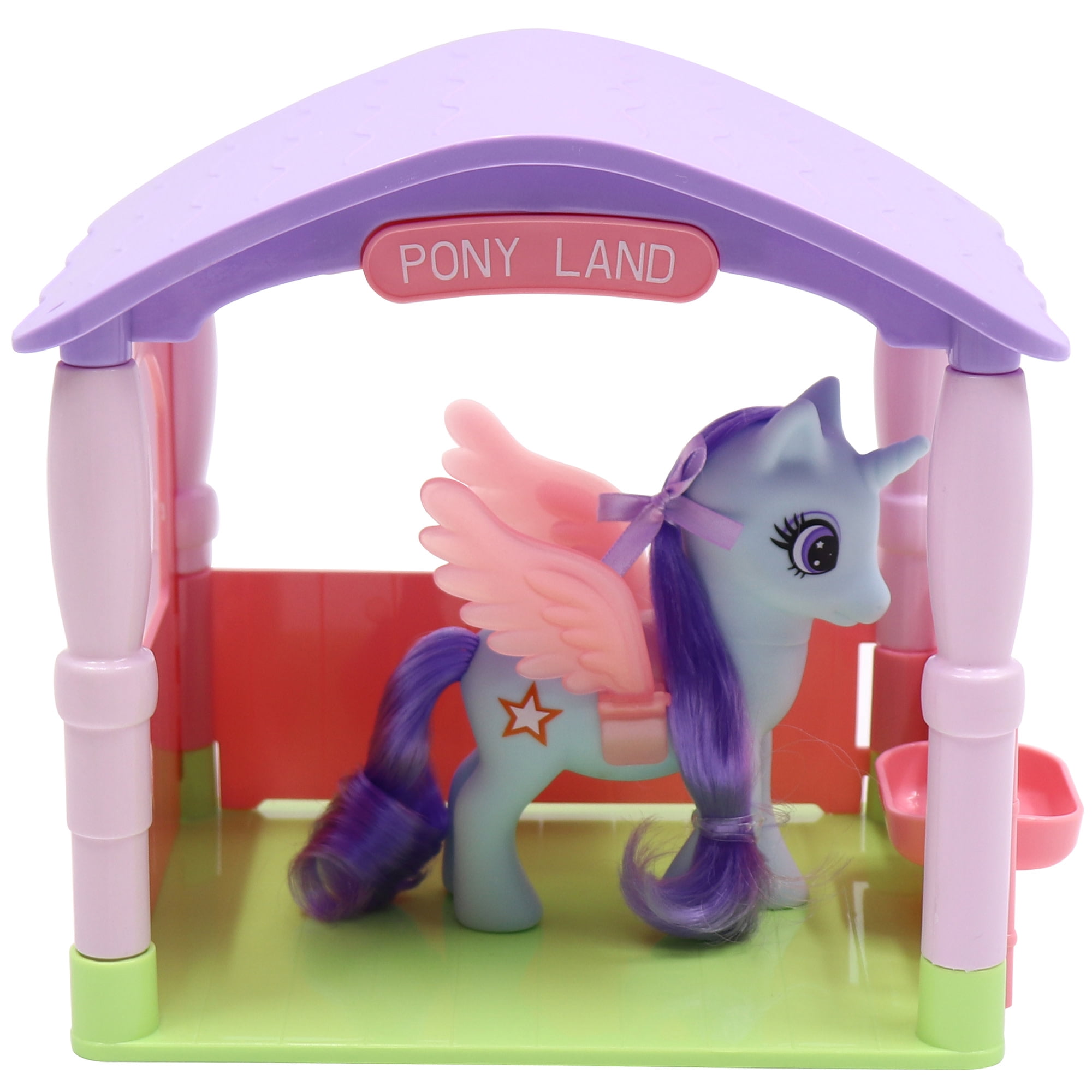 Wonder Unicorn: Pony Land - Unicorn Stable Playset - 3 Magical Figurines, Fenced Play Yard & Shelter, Feeding & Grooming Care Toy Accessories, Kids 3+