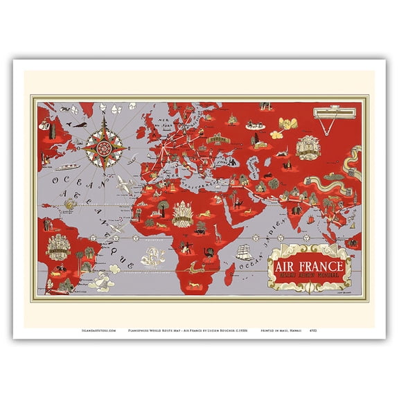 Planisphere World Route Map - France - Réseau Aérien Mondial - Vintage Airline Travel Poster by Lucien Boucher c.1930s - Master Art Print (Unframed) 9in x 12in