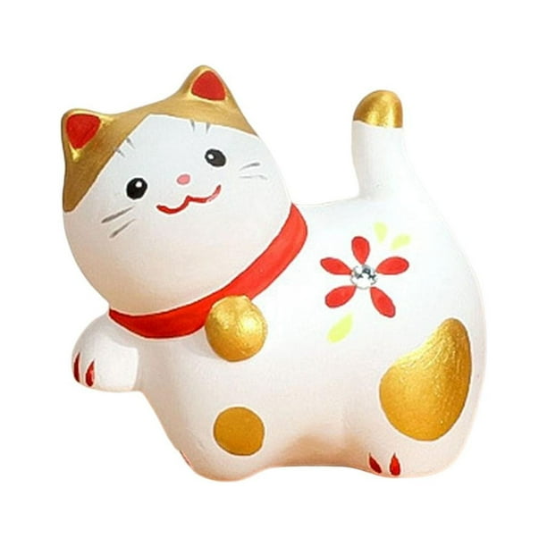 Figura de gato de la suerte de cerámica, adorno para salpicadero de coche, decoración interior de coche, tamaño pequeño Blanco 2