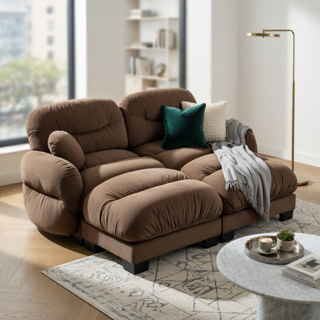 Hommoo Chenille 2-Seater L-Shaped Modular Sectional Sofa with Ergonomic Foam, Curved Armrests, 2 Ottomans & 2 Throw Pillows, Pleated Back Design, Brown
