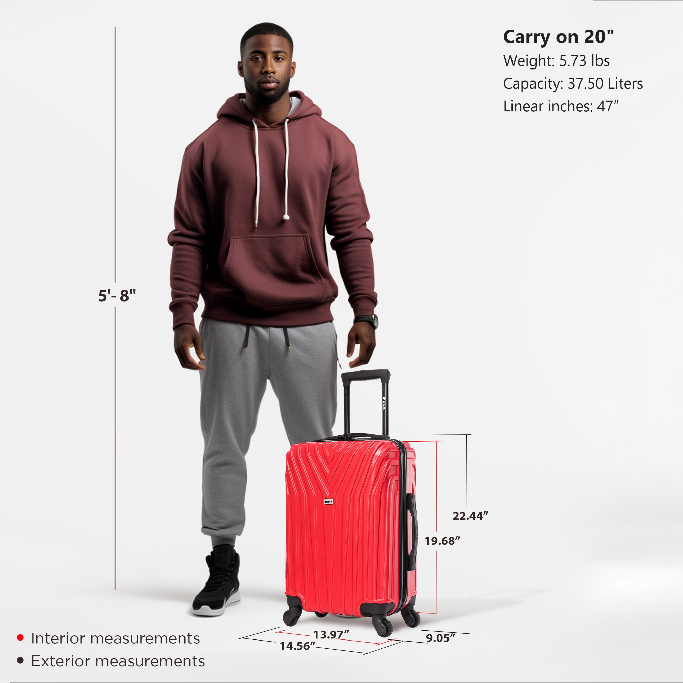 InUSA Vasty 20" Hardside Lightweight Luggage with Spinner Wheels, Handle, and Trolley, Red