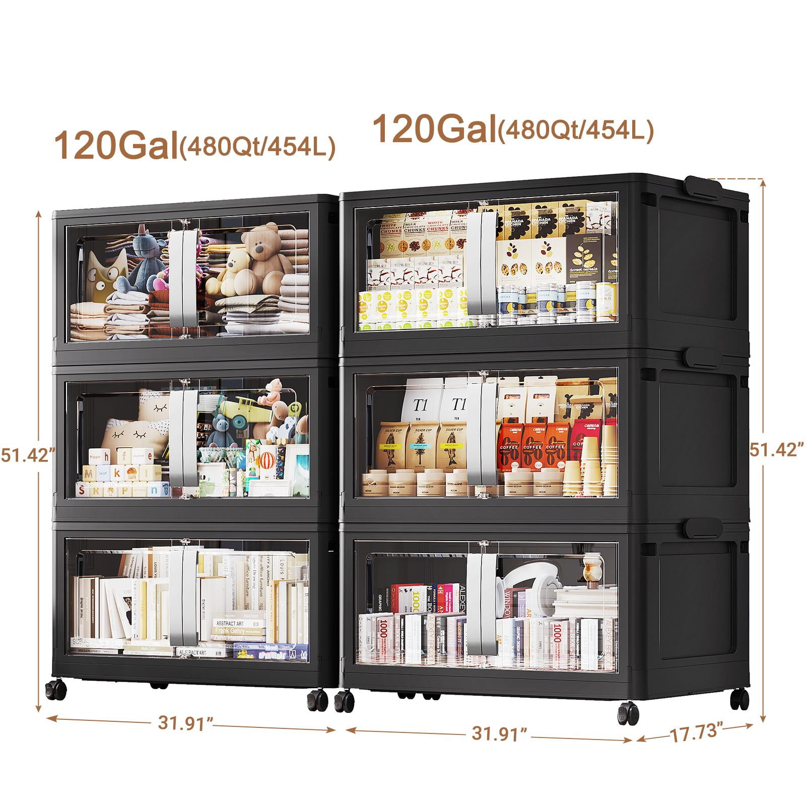 Broview 240Gal Extra Large Stackable Storage Bins, 960Qt Collapsible Plastic Storage Box with Clear Doors, Foldable Containers With Drawers, Magnetic Closure, 360° Swivel Wheels, Black, 6Pack V70