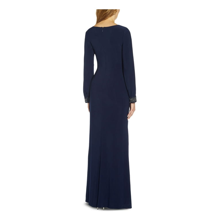 ADRIANNA PAPELL Womens Navy Zippered Pleated Ruffled Slit Lined Long Sleeve Surplice Neckline Full Length Evening Gown Dress 6