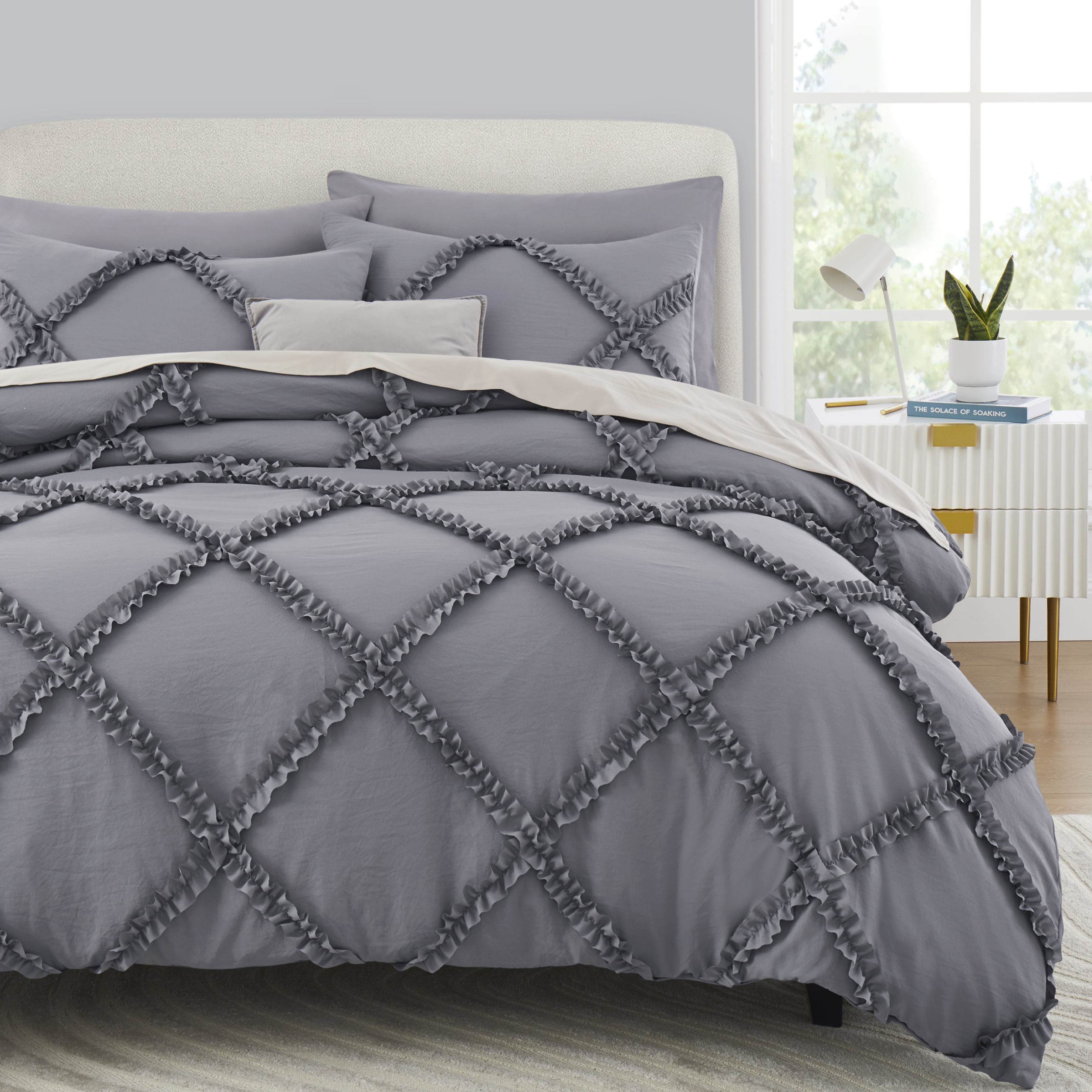 Gray Duvet Cover Queen Size Ruffle Queen Duvet Cover Set, 5 Pieces
