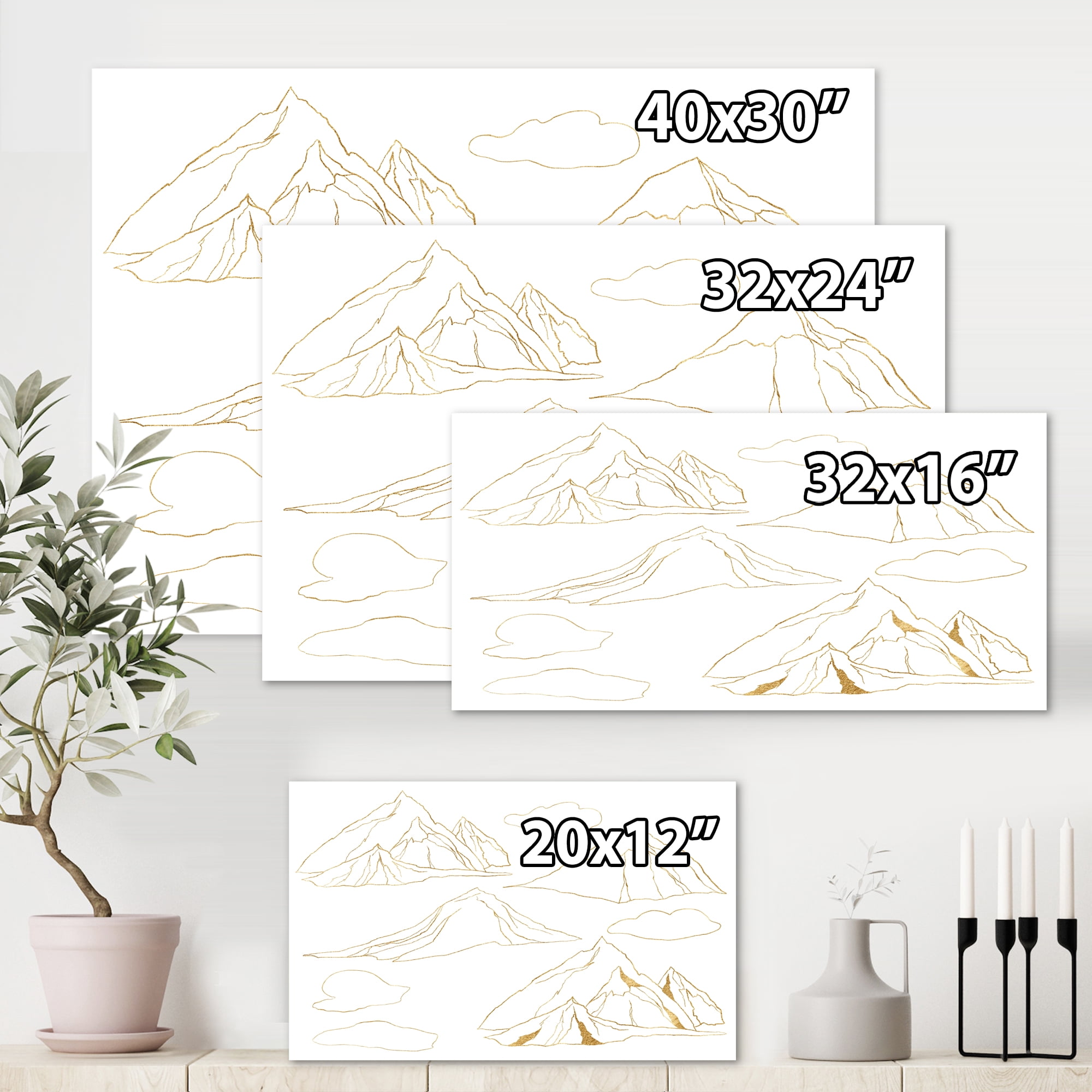 Designart ' Minimalistic Gold Linear Set Of Clouds and Mountains ' Modern Canvas Wall Art Print