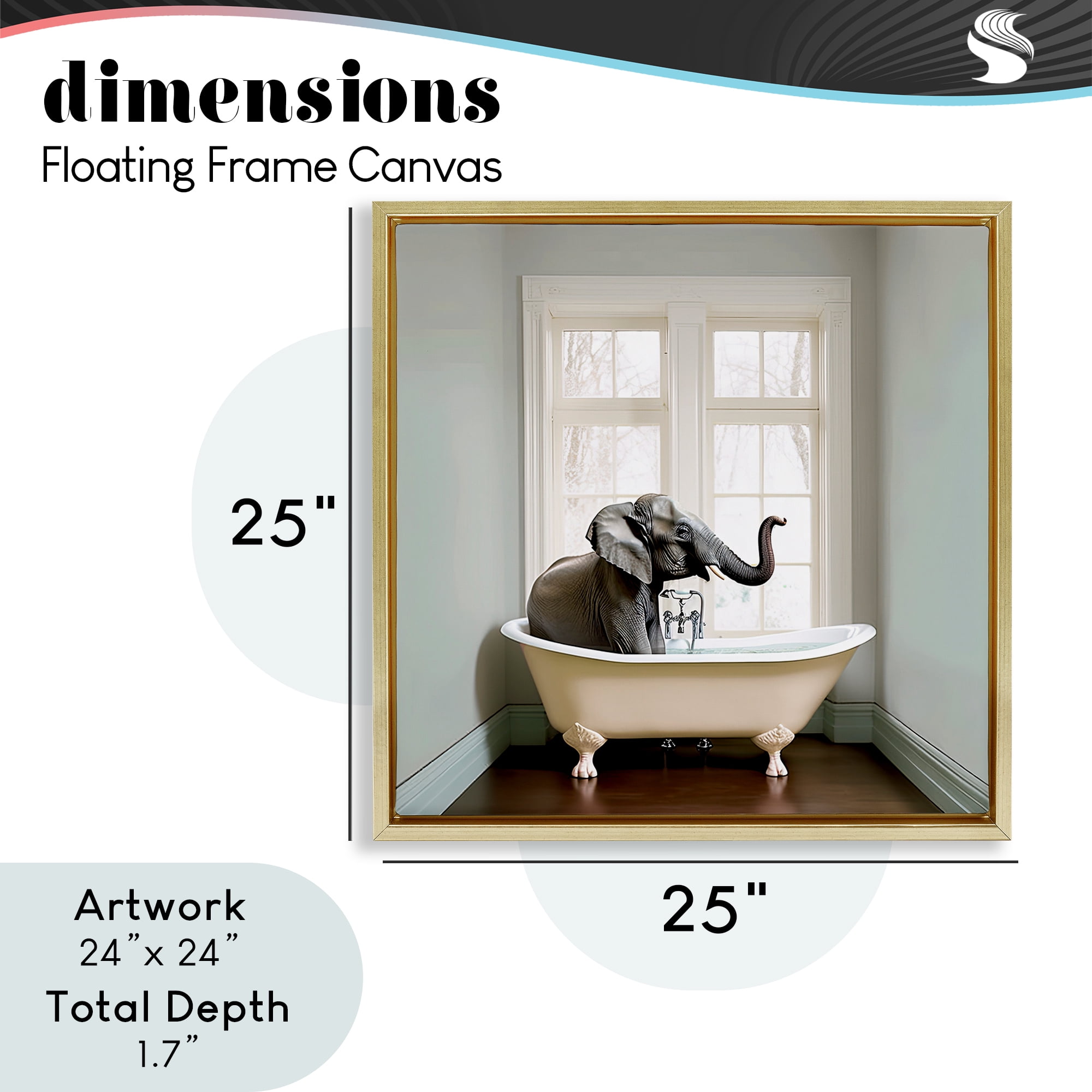 Minimal Elephant Bathtime Gold Framed Floater Canvas Wall Art, design by Sasha