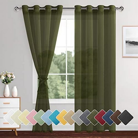 XWZO Olive Green Sheer Curtains 84 Inch Length 2 Panels Set with Tiebacks, Grommet Semi Transparent Light Filtering Window Drapes for Bedroom Living Room Dining Wedding Backdrop, W52 x L84