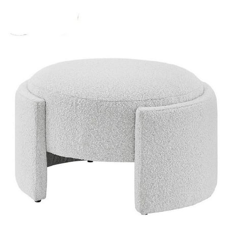Pemberly Row Round Modern Polyester Fabric Ottoman in Boucle Beige