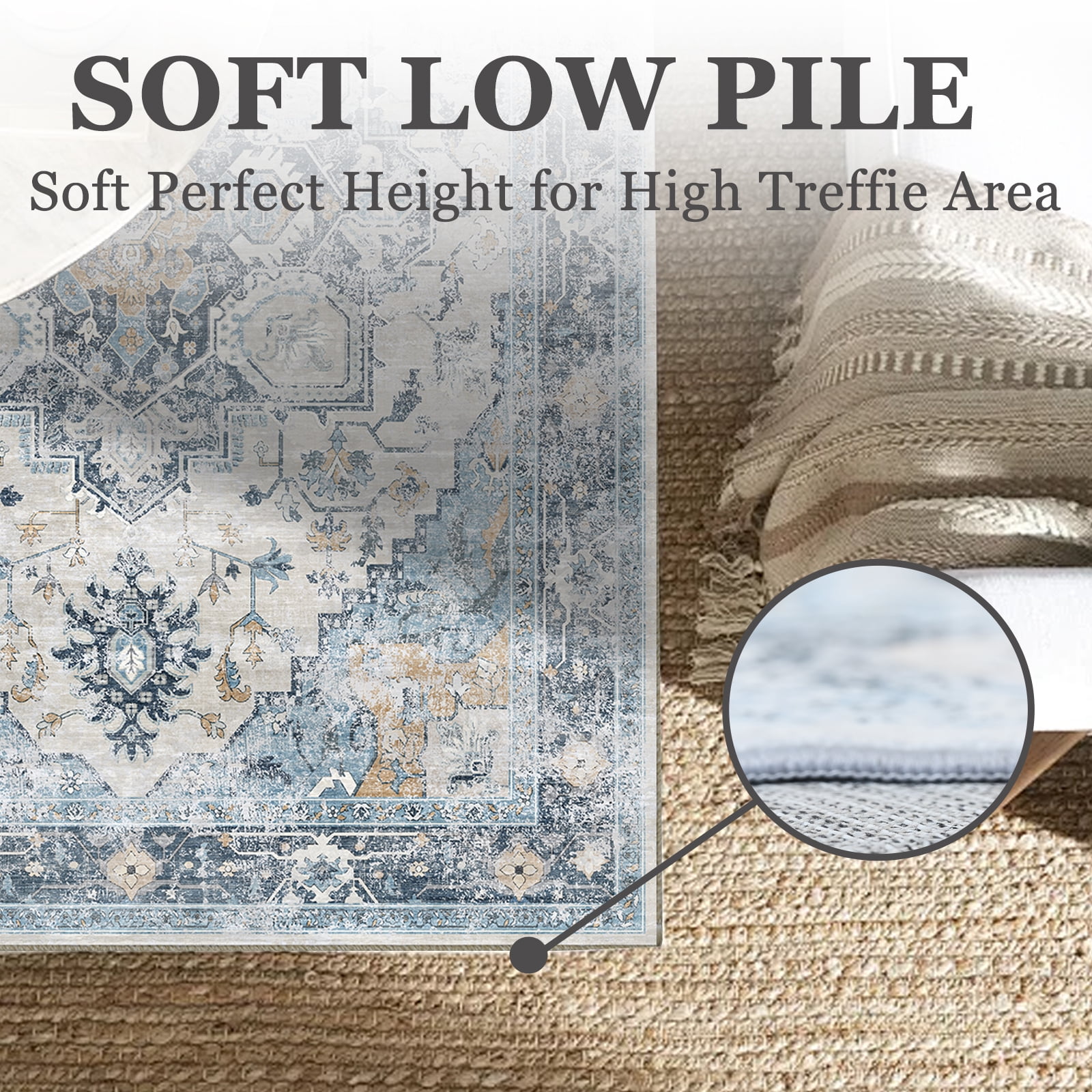 Pentantan Area Rugs for Living Room, Boho 9'x12' Washable Bedroom Rug, Non Slip Indoor Carpet, Blue