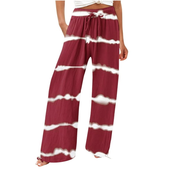 BLVB Wide Leg Pants for Women Elastic Waist Drawstring Baggy Palazzo Beach Lounge Pants Trendy Printed Womens Fall Trousers