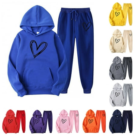 Brnmxoke Womens 2 Piece Outfit Tracksuit Valentines Day Long Sleeve Hooded Sweatshirt Drawstring Waist Jogger Pants Lounge Set Yellow S