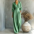 thumbnail image 2 of TEAJOPSUU Women's Jumpsuits 3/4 Sleeve V Neck Elastic Waist Wide Leg Jumpsuits with Pockets Loose Fit Waist Cinching Long Rompers Green, 2 of 5