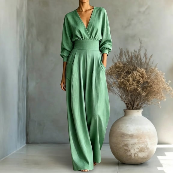 Karymi Women's Shorts Solid V Neck Wrap Jumpsuit, 3/4 Lantern Sleeve Elastic High Waist Wide Leg Long Romper Pants, Pleated Front Side Pockets Jumpsuit Jeans for Women