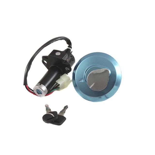 interruptor encendido con llave/tapon gasolina set italika ft 150 (13-16) 12v Interruptor de encendido con llave y tapón de gasolina para Italika FT150 (13-16) 12V, color negro según especificación; incluye cilindro con arnés eléctrico, tapa metálica de cierre y dos llaves, vista frontal centrada sobre fondo blanco, útil como refacción para motos.