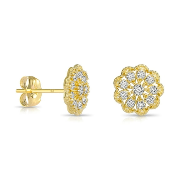 Tilo Jewelry 14K Yellow Gold .18 Carat Diamond Flower Halo Stud Post Earrings with Secure Push-Backs | Halo Diamond Earrings for Women & Unisex
